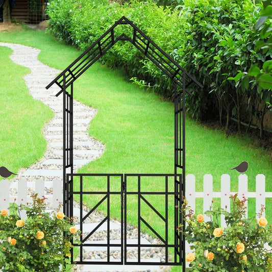 Metal Garden Arch with Gate for Climbing Plants and Garden Entryways, Black