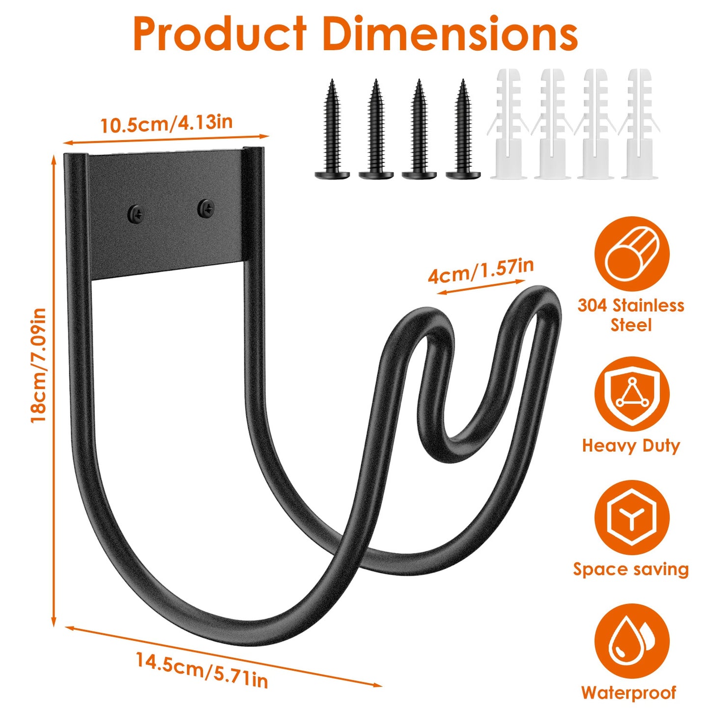Stainless Steel Wall-Mounted Garden Hose Holder with Nozzle Slot | 2-Pack, Black