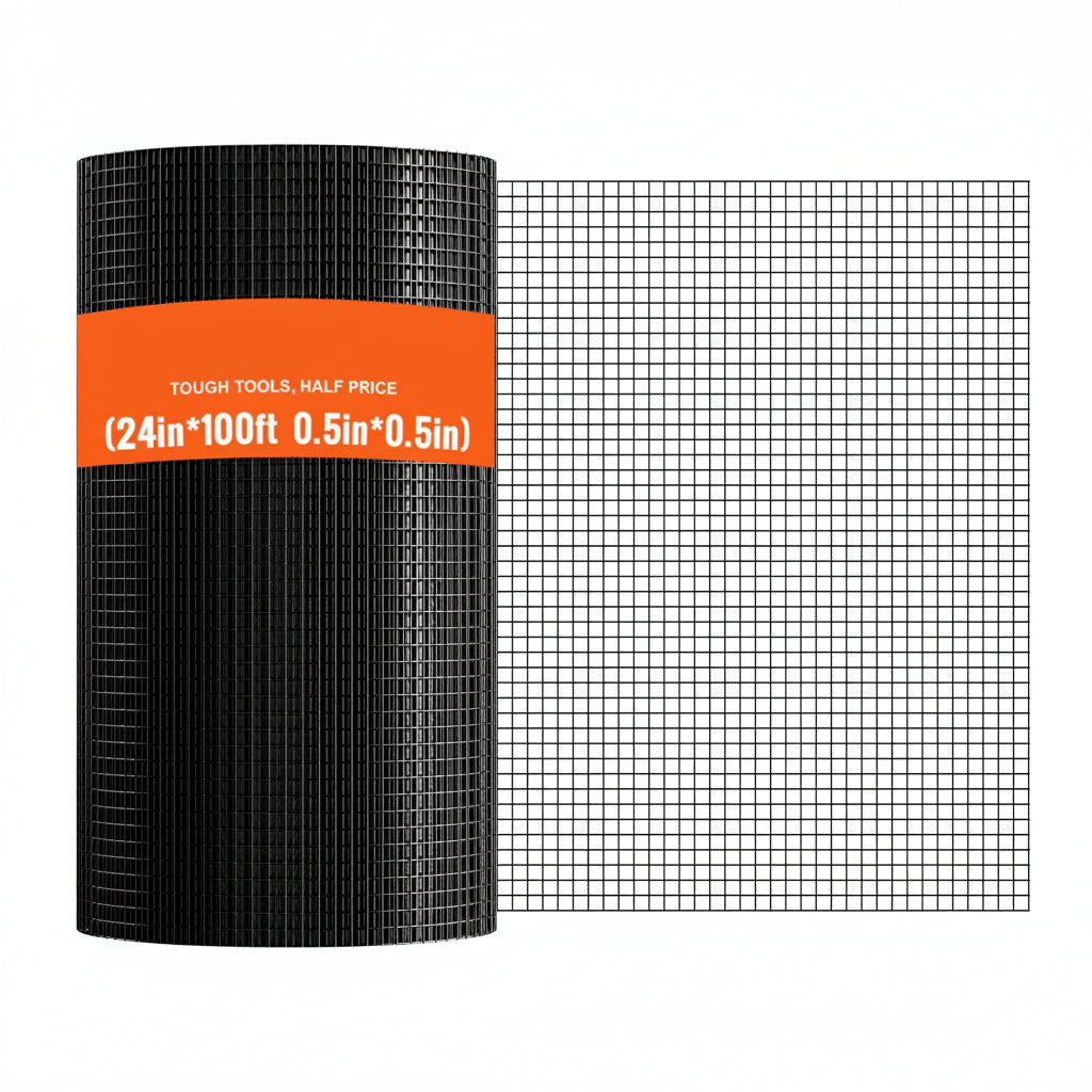 Roll of VEVOR wire mesh with grid pattern on a white background