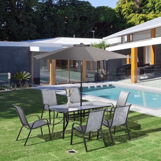8-Piece Outdoor Dining Set with 9Ft Shade Umbrella | Glass Table, 6 Stackable Chairs, Gray