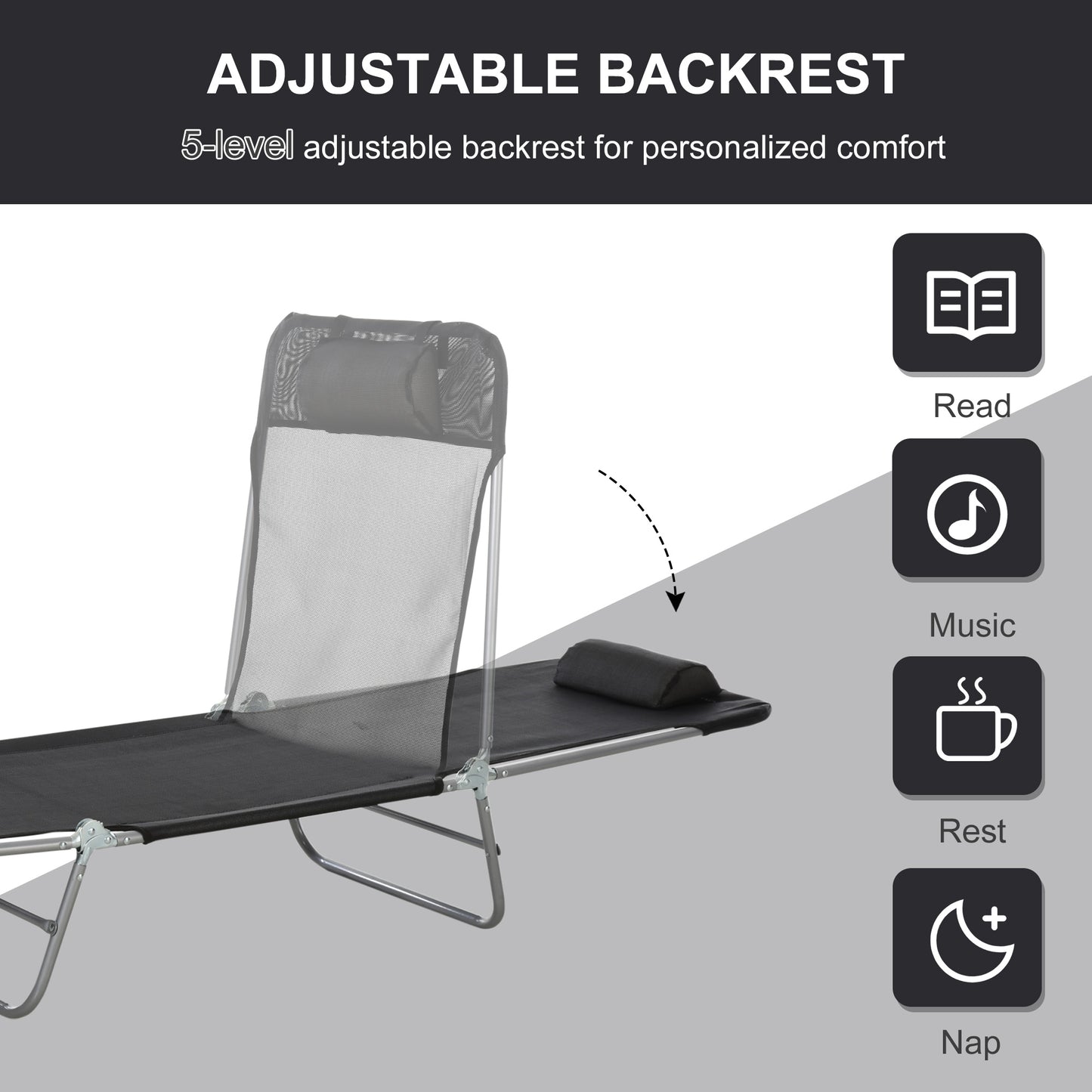 Foldable Outdoor Lounge Chair – 6-Position Reclining Mesh Chaise with Head Pillow - Rooted Supplies