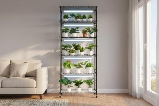 Black metal plant stand with multiple shelves holding potted plants on a white background.