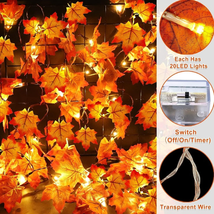 Fall Maple Leaf String Lights - 20 LED Battery Operated Thanksgiving Decor 6.5ft