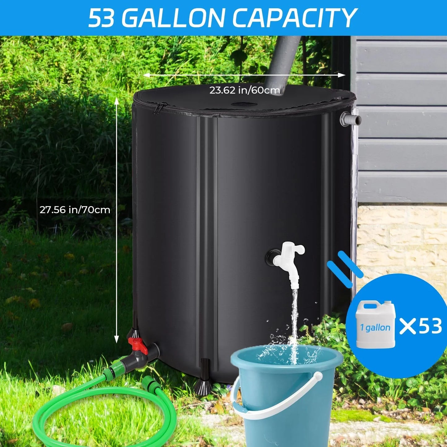 Collapsible Rain Barrel 53 Gallon Rainwater Collection Storage Tank with Garden Hose, Black