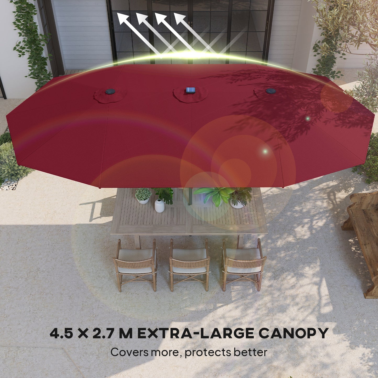 15 Ft Solar LED Patio Umbrella Parasol | Double-Sided, UV Blocking, Crank Lift
