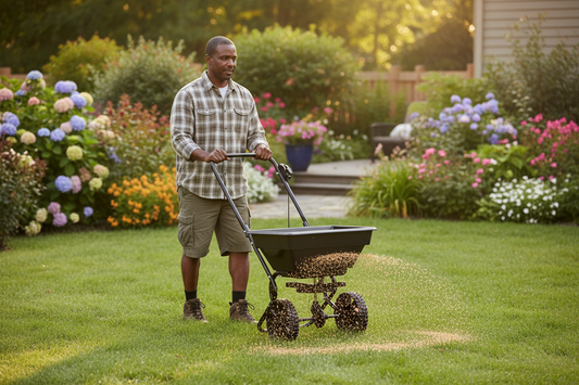 Black lawn spreader on a white background