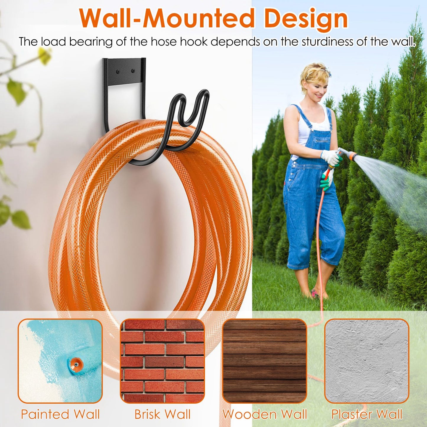 Stainless Steel Wall-Mounted Garden Hose Holder with Nozzle Slot | 2-Pack, Black