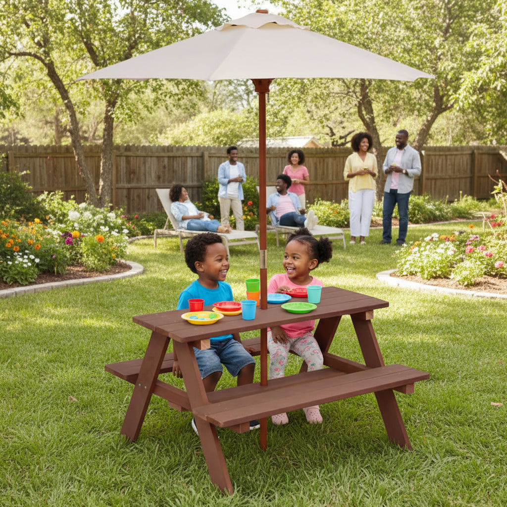 Wooden children's picnic table with umbrella, cups, and a plant on a white background
