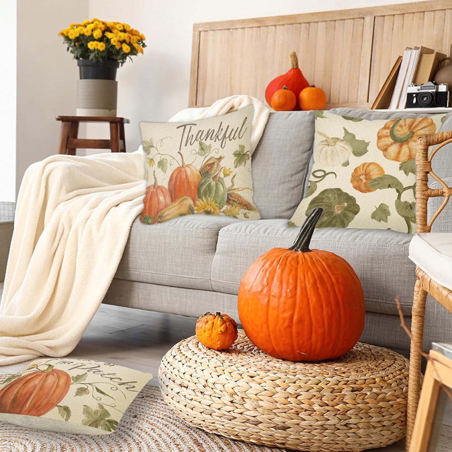 Thanksgiving Fall Throw Pillow Covers Set - 4 Pack Pumpkin Watercolor 18x18