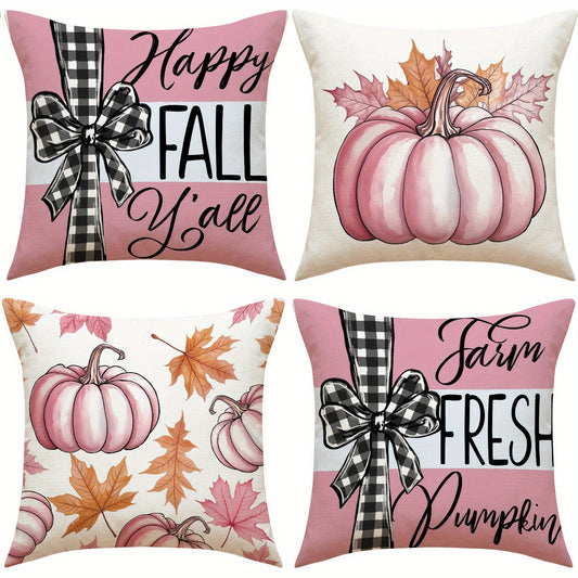 Fall Pumpkin & Maple Leaf Pillow Covers 18x18 - 4 Pack Farmhouse Autumn Decor
