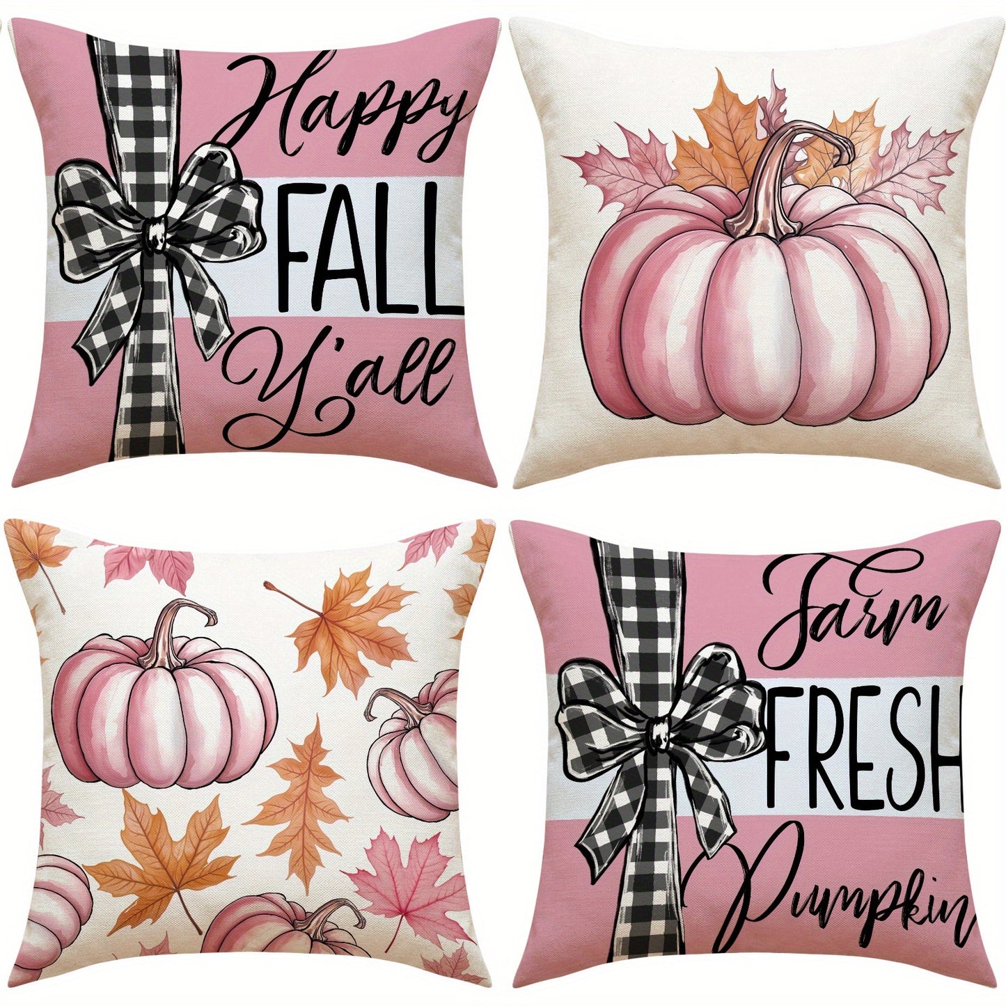 Fall Pumpkin & Maple Leaf Pillow Covers 18x18 - 4 Pack Farmhouse Autumn Decor