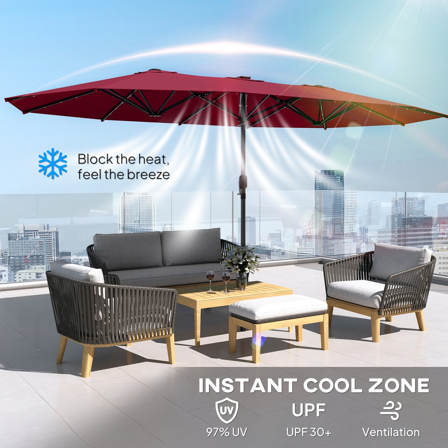 15 Ft Solar LED Patio Umbrella Parasol | Double-Sided, UV Blocking, Crank Lift