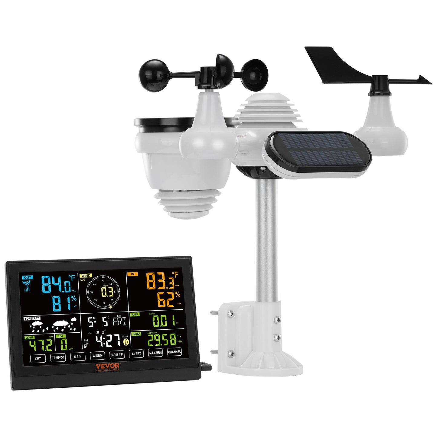 VEVOR 7-in-1 Wireless Weather Station – 7.5" Color Display with Solar Power