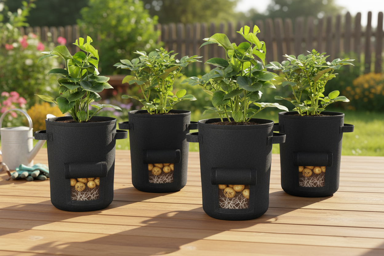 Potted plant in a black fabric pot with a small window showing roots and soil.