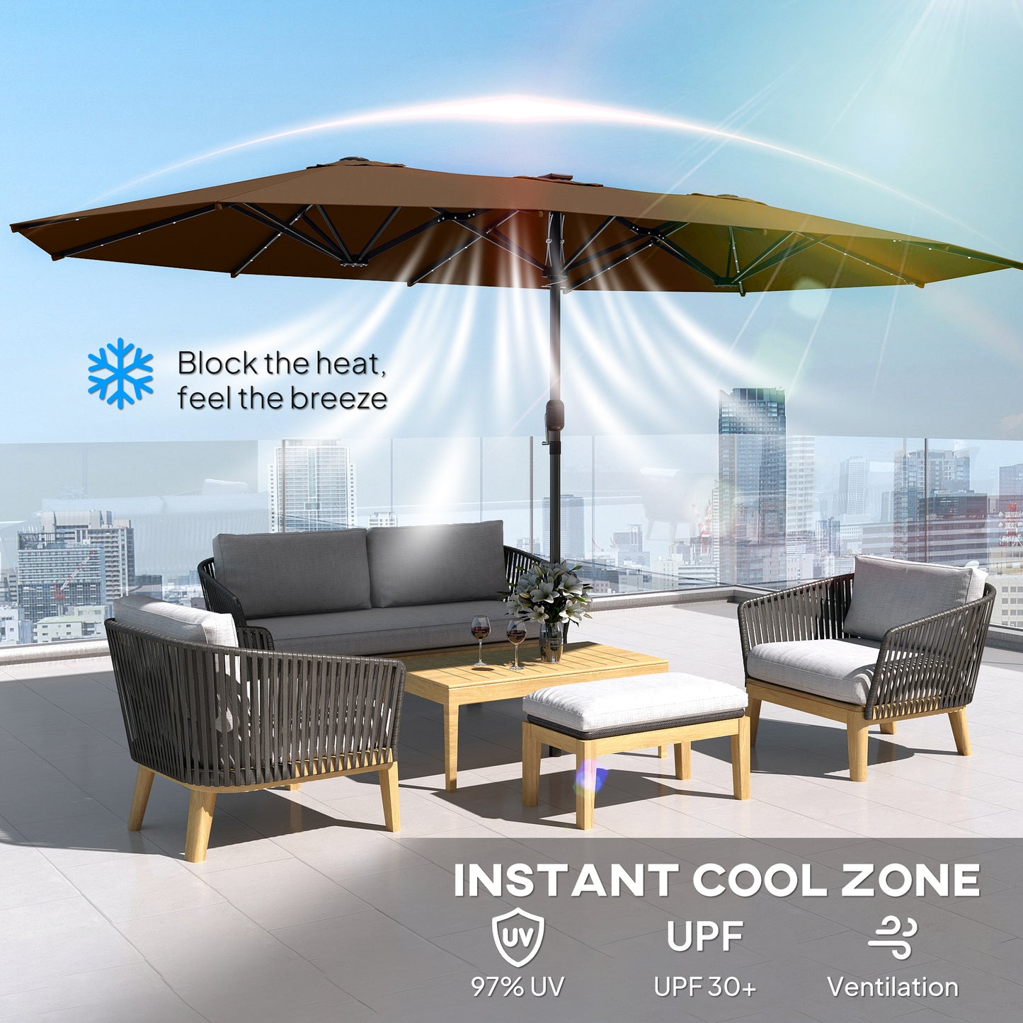 15 Ft Solar LED Patio Umbrella Parasol | Double-Sided, UV Blocking, Crank Lift