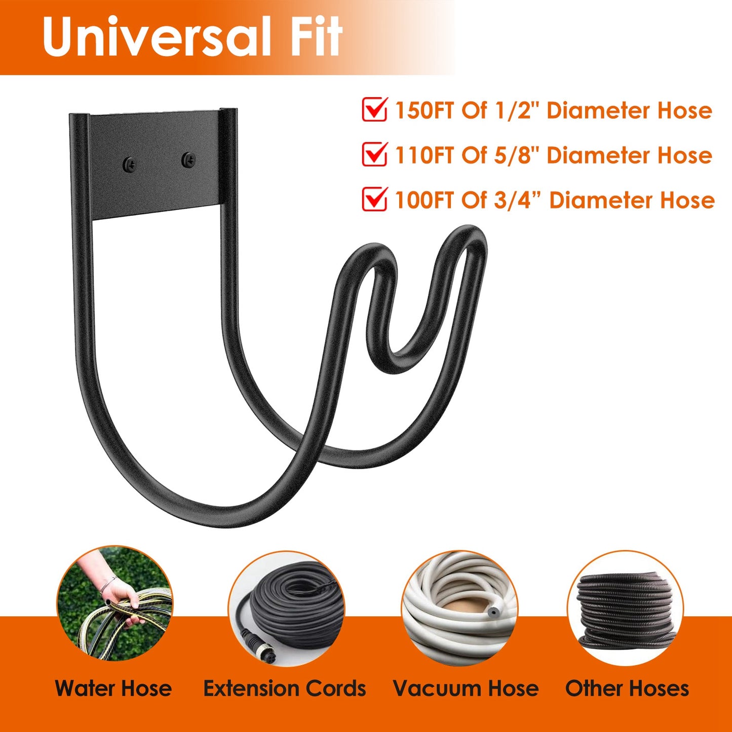 Stainless Steel Wall-Mounted Garden Hose Holder with Nozzle Slot | 2-Pack, Black