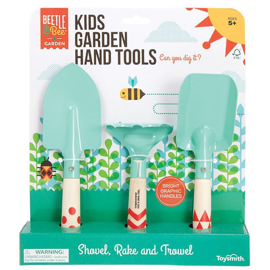 Packaged set of Kids Garden Hand Tools with a shovel, rake, and trowel on a colorful background.