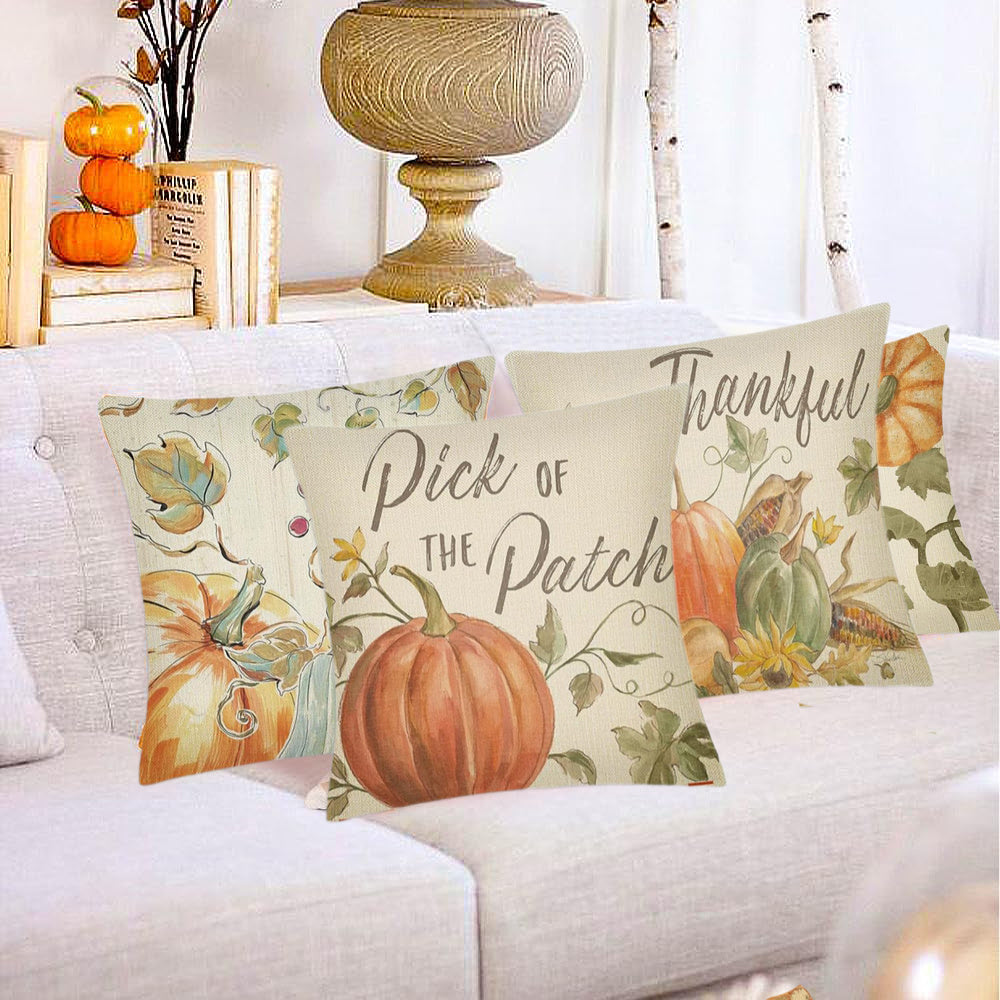 Thanksgiving Fall Throw Pillow Covers Set - 4 Pack Pumpkin Watercolor 18x18