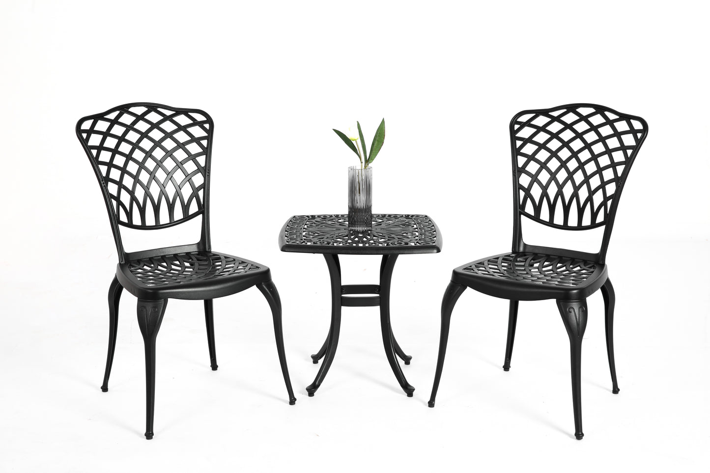 3-Piece Cast Aluminum Bistro Set – Floral & Lattice Design, Rustproof, Black