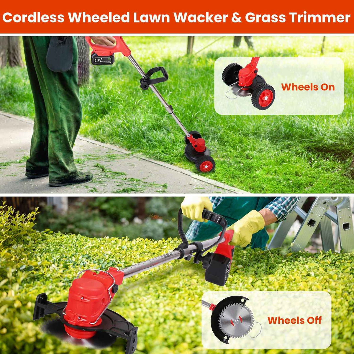 Cordless Grass Trimmer with Wheels - 800W, 3-in-1, Dual Battery