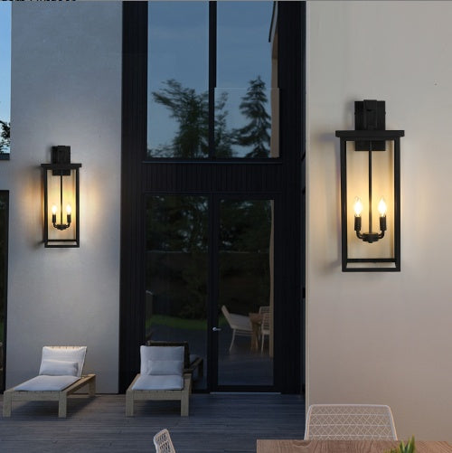 26" Modern Outdoor Wall Lantern - Black Metal Frame with Clear Glass