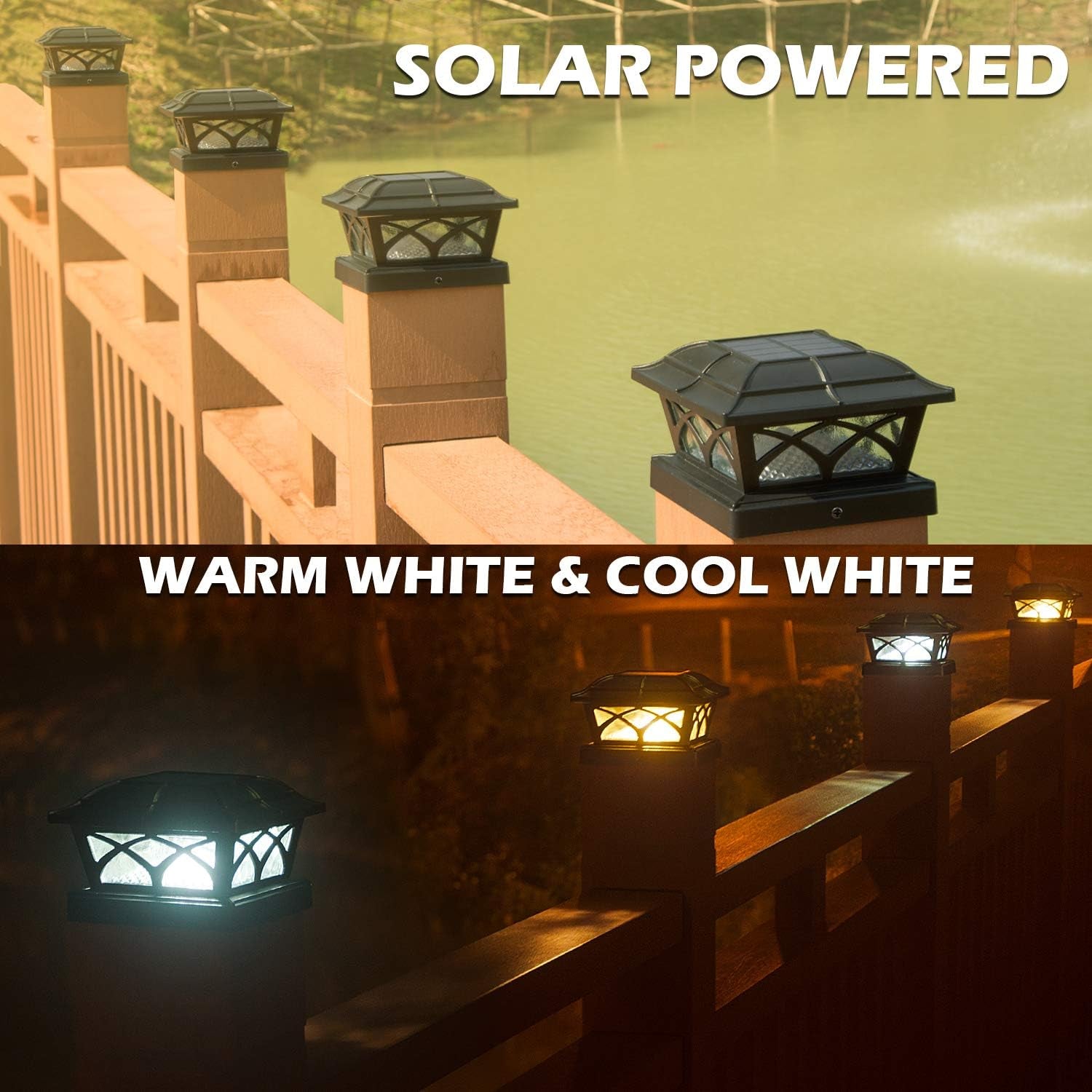 Solar Post Cap Lights Outdoor Glass 2 Modes 8 Leds for 4X4 5X5 6X6 Posts Deck Fence Patio Decoration Warm White/Cool White Lighting Black (2 Pack)