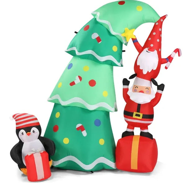 6ft Inflatable Christmas Tree with Santa Elf Penguin - LED Yard Decoration