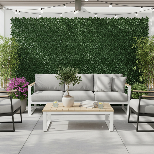 Green artificial grass panel with black border on a white background