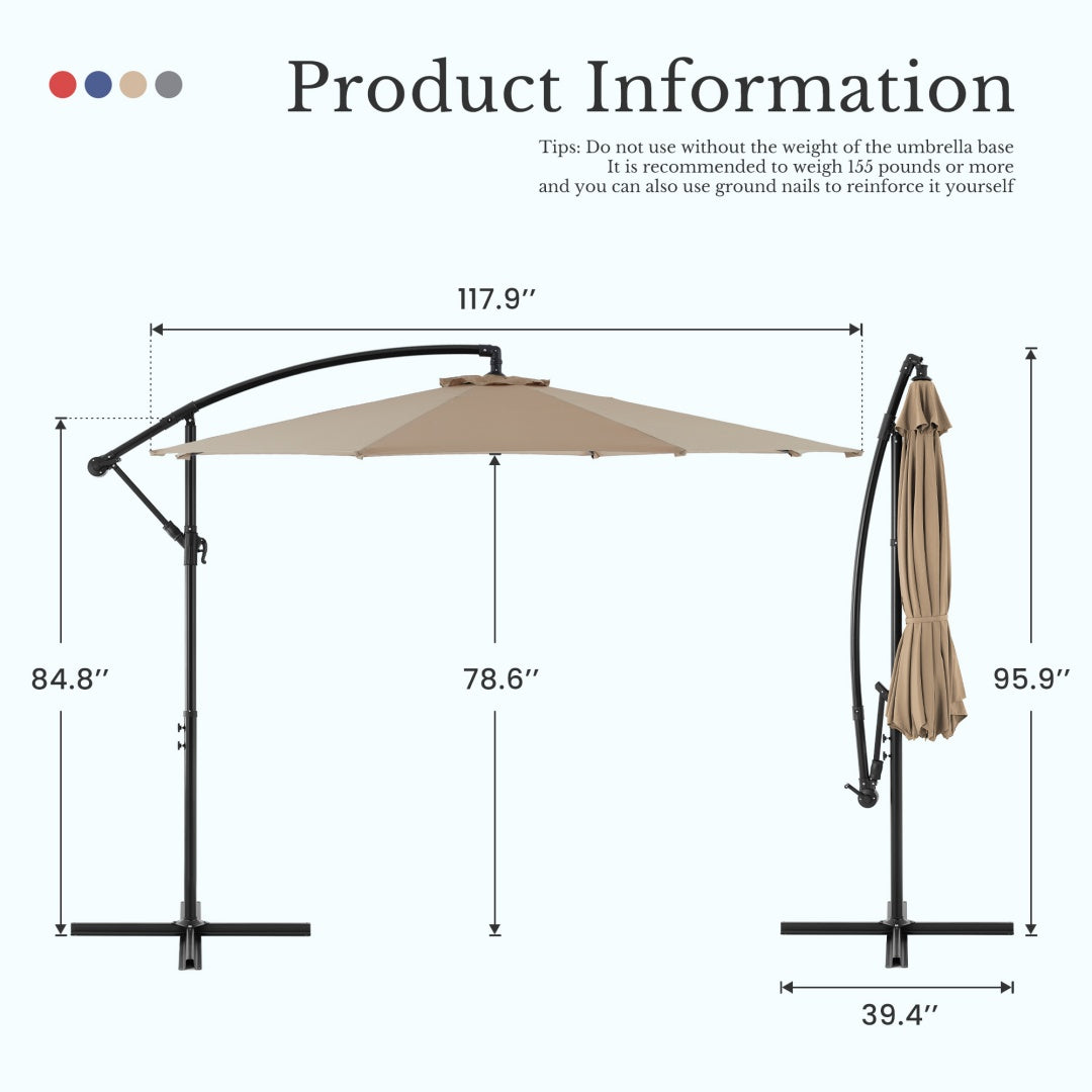 9.8 ft Cantilever Patio Umbrella – UPF 50+, Crank Tilt, Vented Canopy, 73.2 Sq Ft Shade