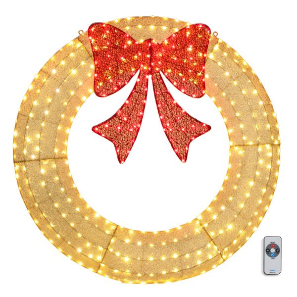 60" Pre-Lit Gold Christmas Wreath with 400 LED Lights & Red Bow