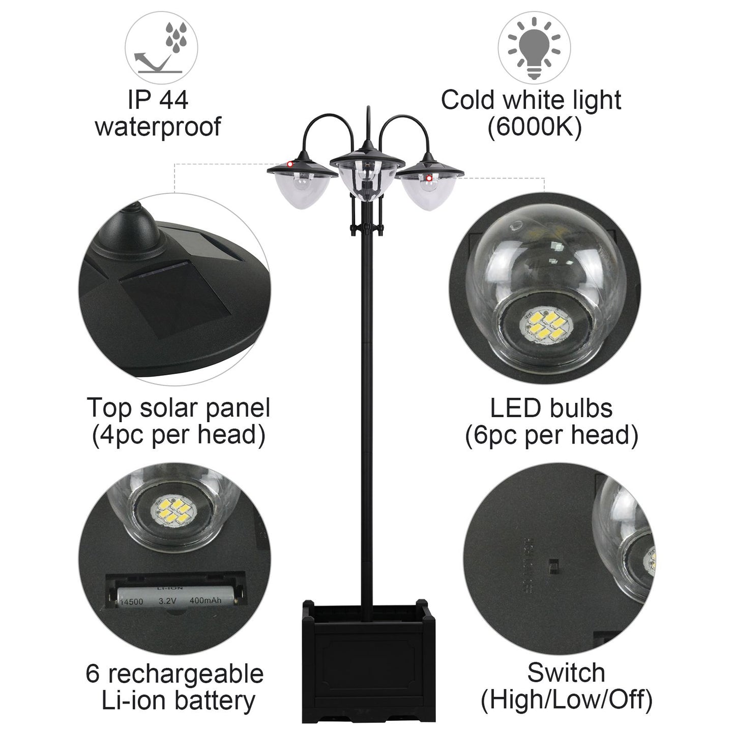 3-Head Solar Lamp Post with Planter Box — 74.5" Outdoor LED Pole Light