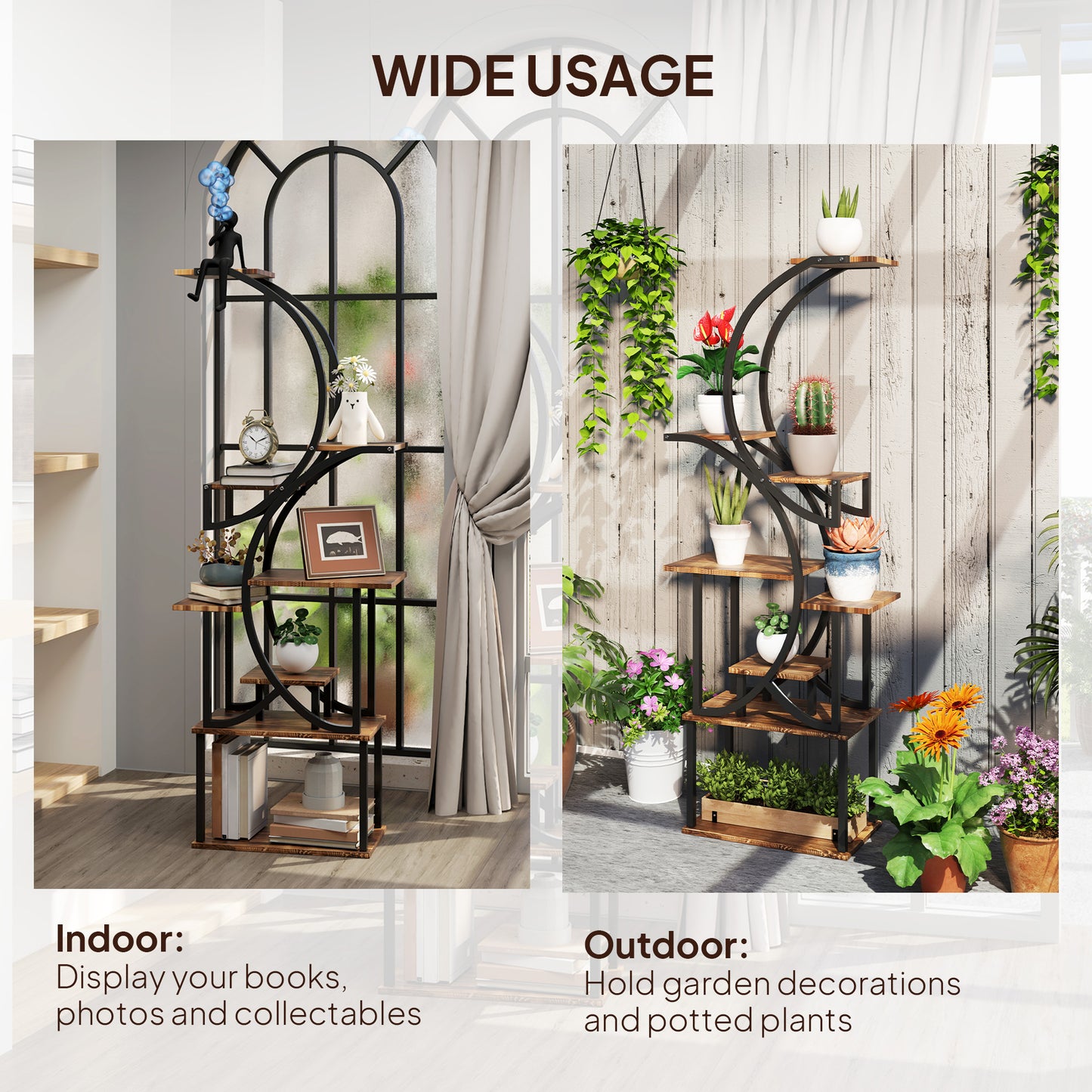 8-Tier Corner Plant Stand, 62" S-Shaped Shelf, Carbonized Steel