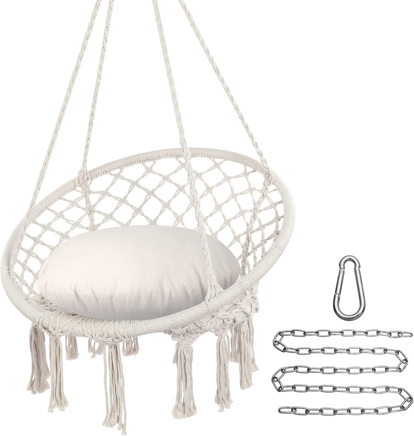 Hammock Chair Macrame Swing, Max 330 Lbs, Hanging Cotton Rope Hammock Swing Chair for Indoor and Outdoor Use, Light Grey