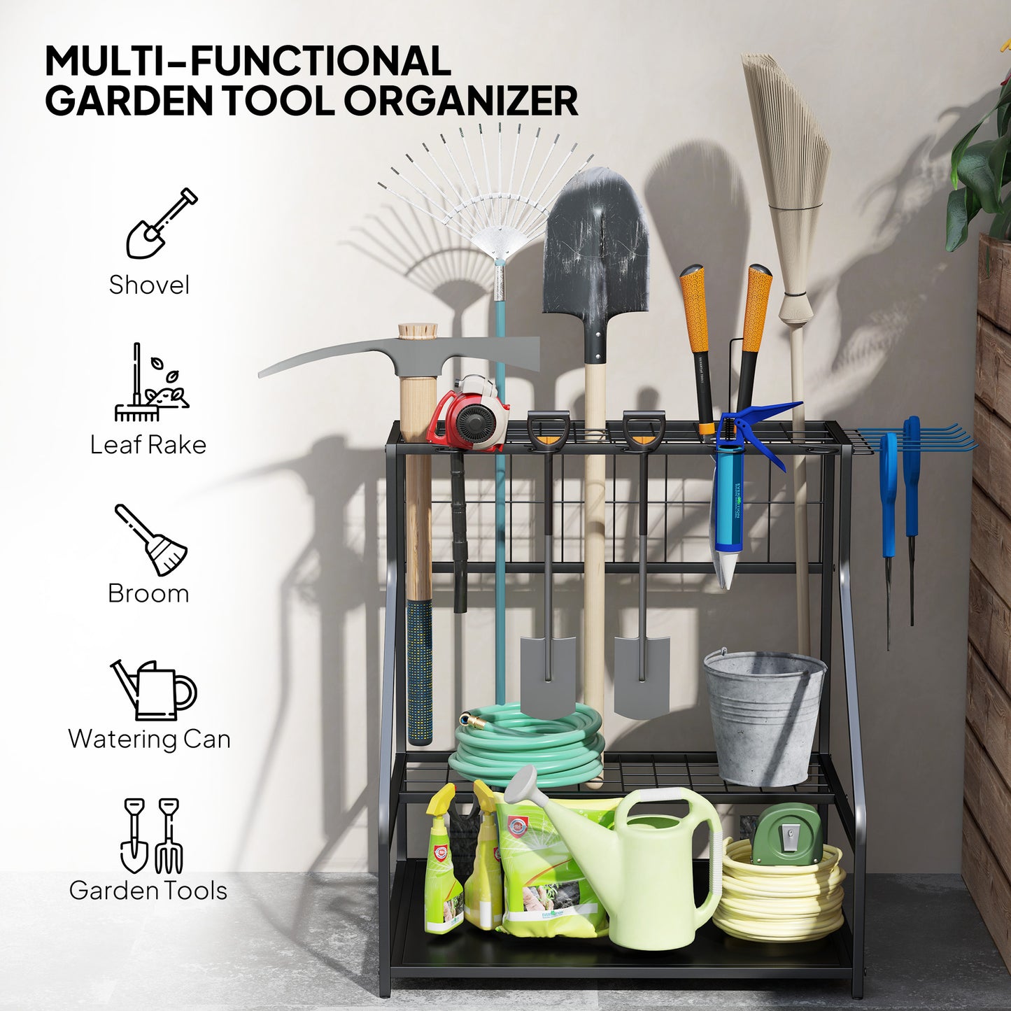 3-Tier Garden Tool Organizer Rack – Holds 20+ Tools with Hooks & Shelves
