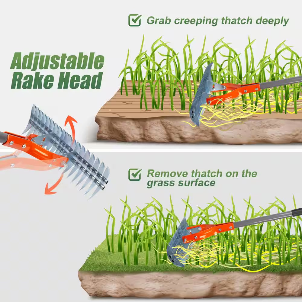 70 In. Adjustable Steel Handle Thatch Rake With19 Tines, Back Saving Lawn Thatching Rake for Garden Yard