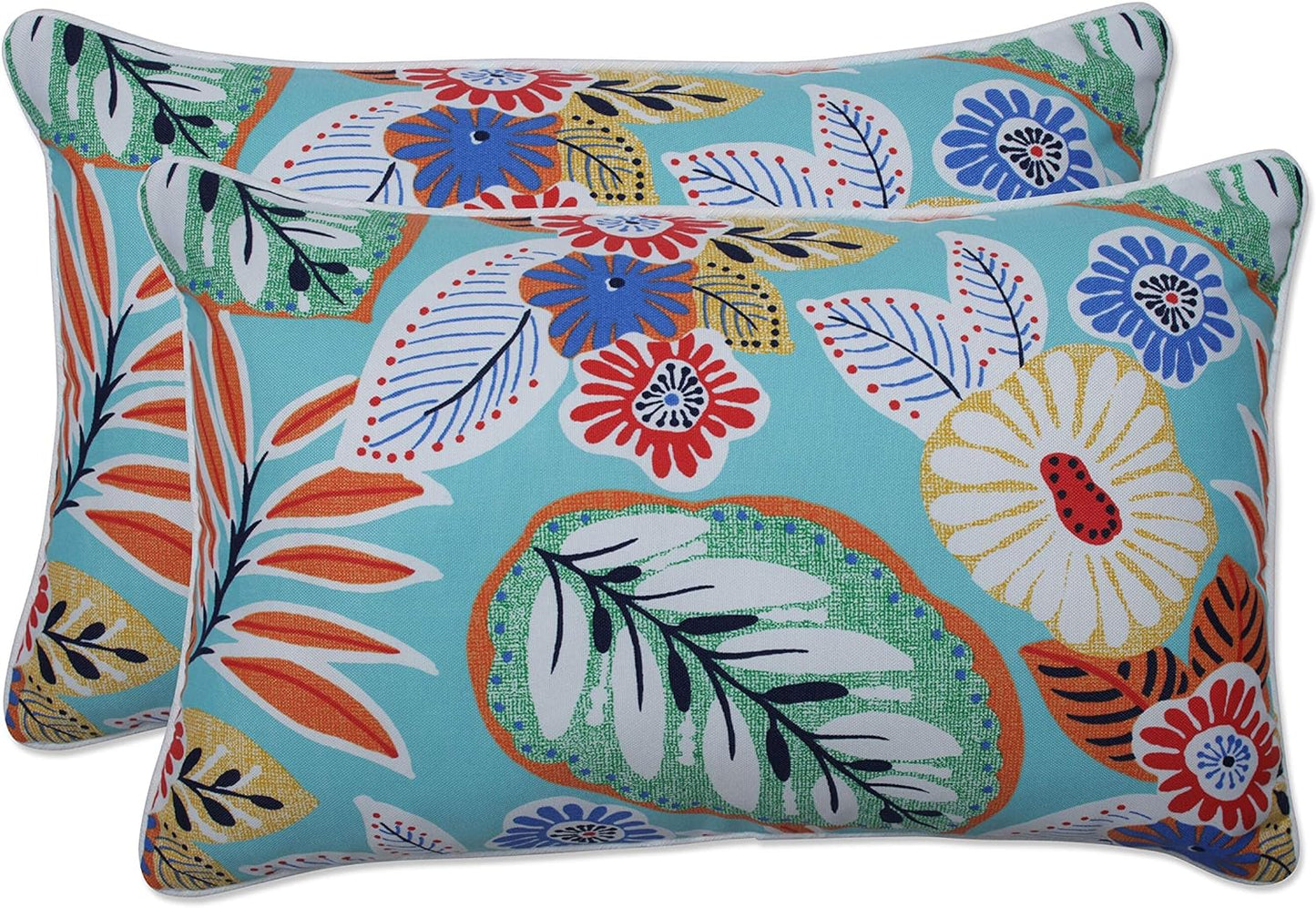 Floral Indoor/Outdoor Accent Throw Pillow Plush Fill, Weather, and Fade Resistant, Lumbar - 11.5" X 18.5", Blue/Brown Pom Pom Play 2 Count