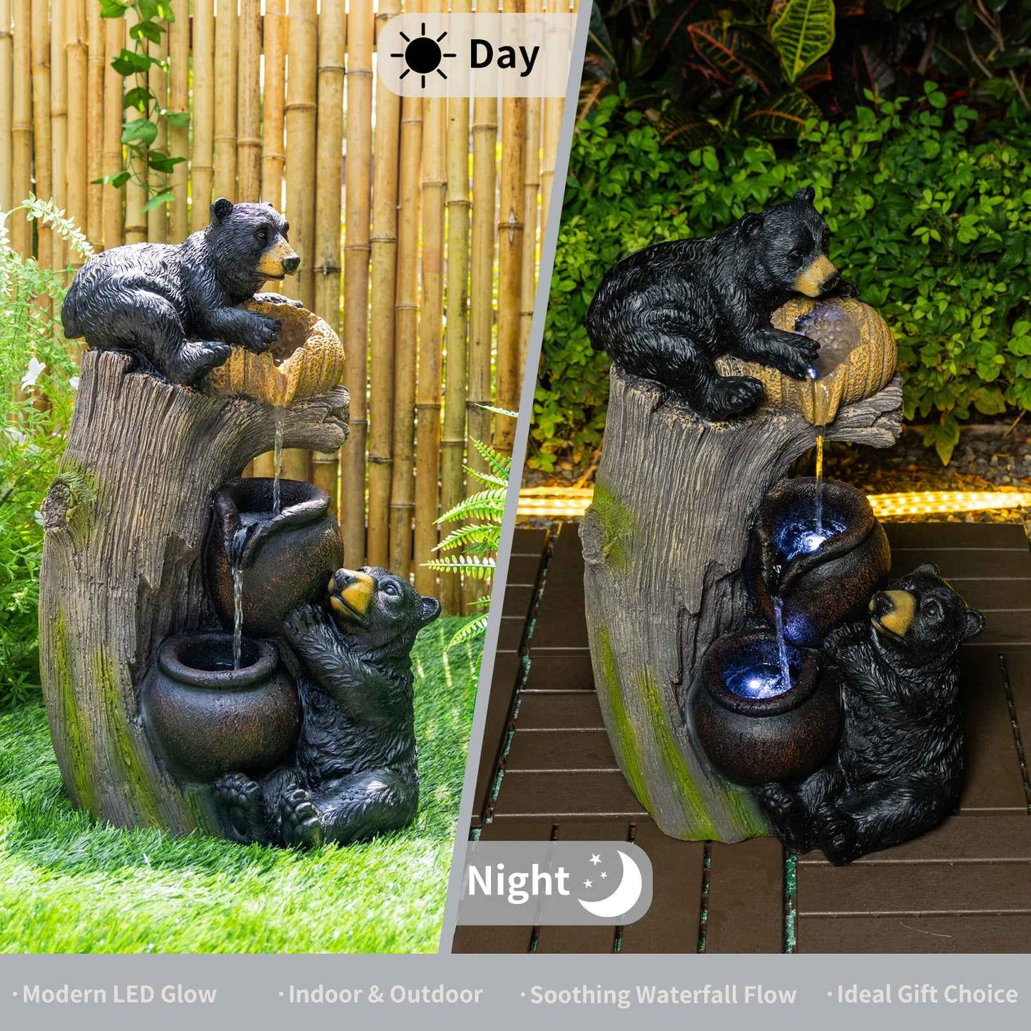Cascading Bear Water Fountain with LED Lights, 23.6" Resin Outdoor Fountain