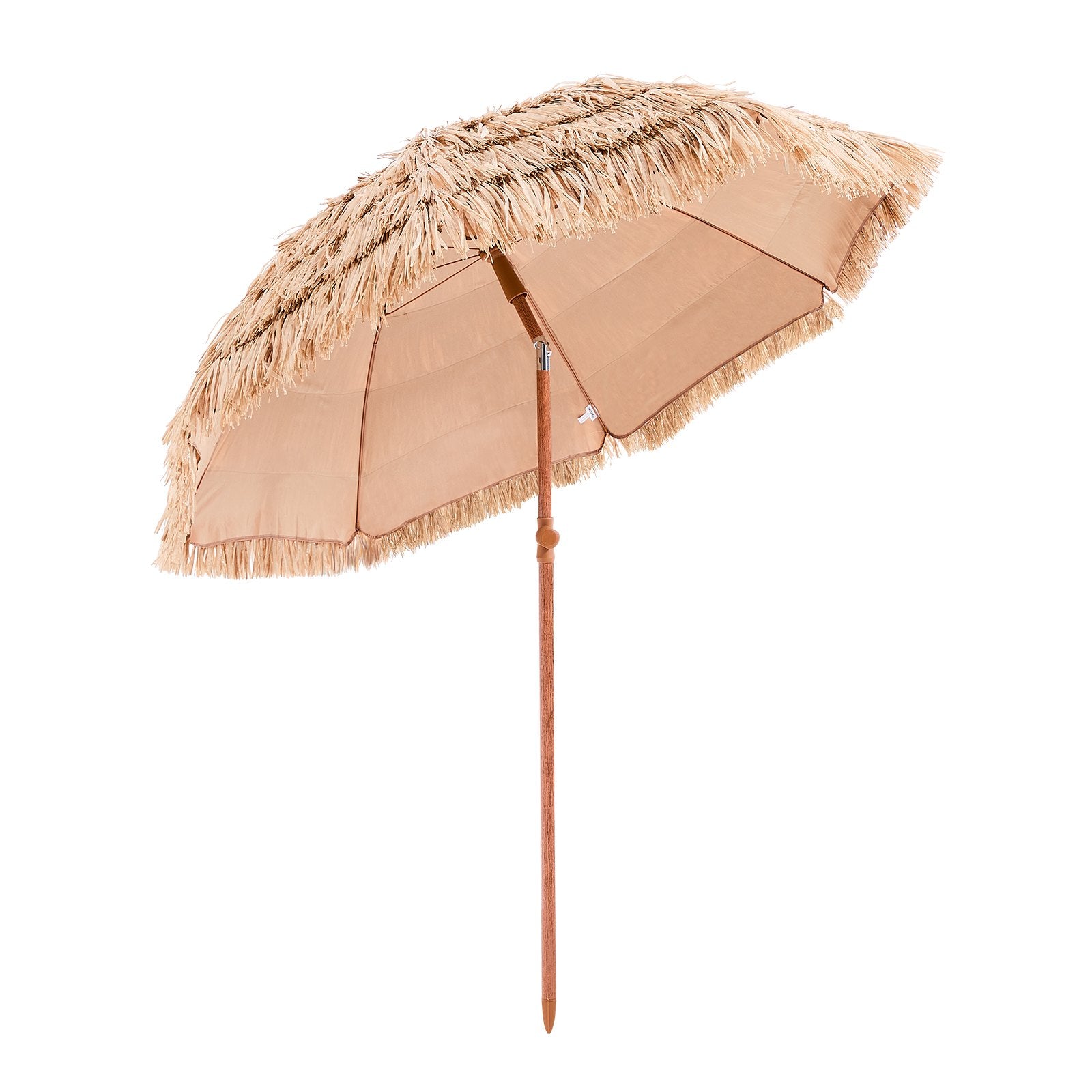 Beige beach umbrella with thatched roof on a white background