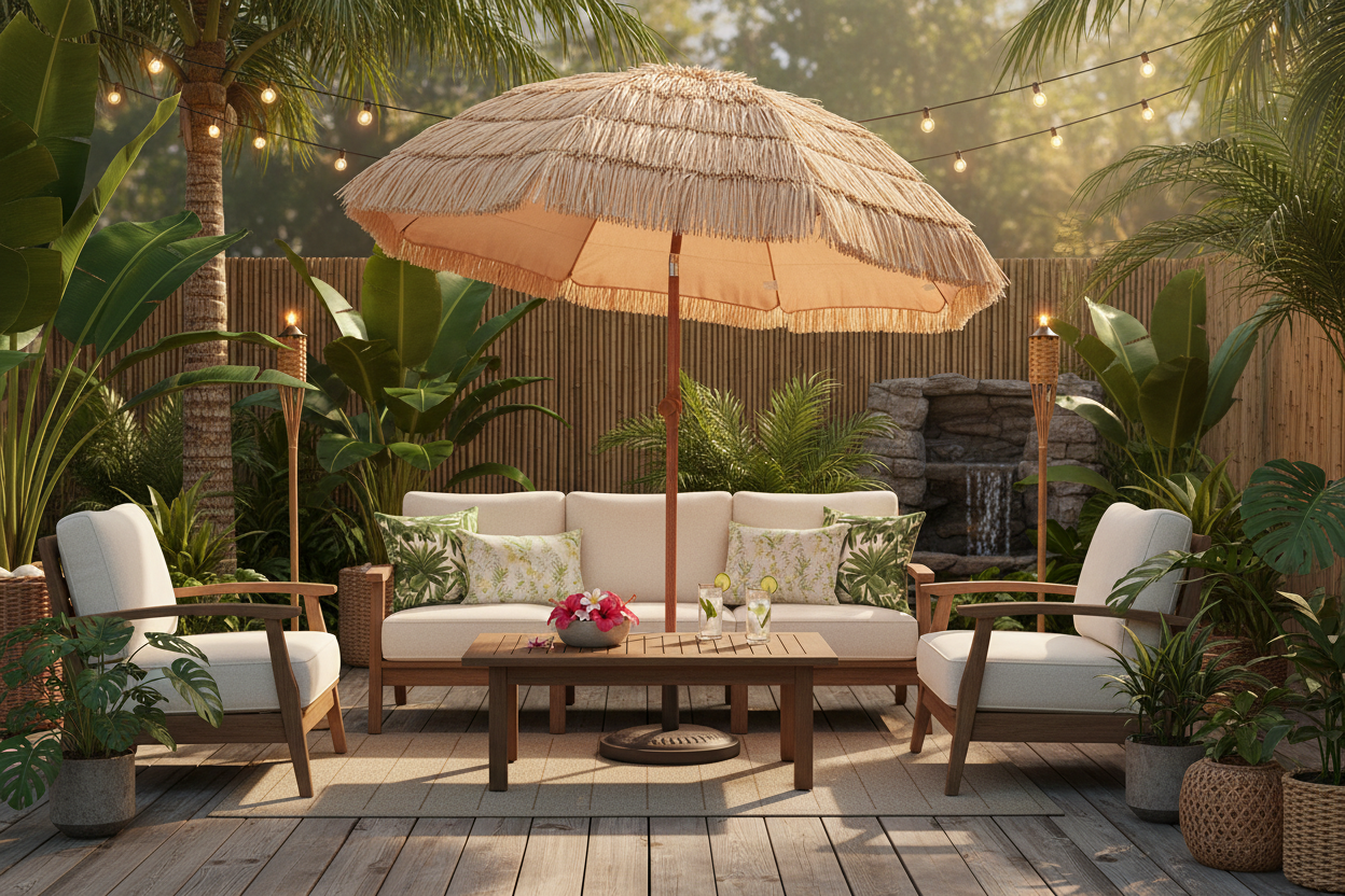 Outdoor patio setting with a thatched umbrella, furniture, and decorative elements.