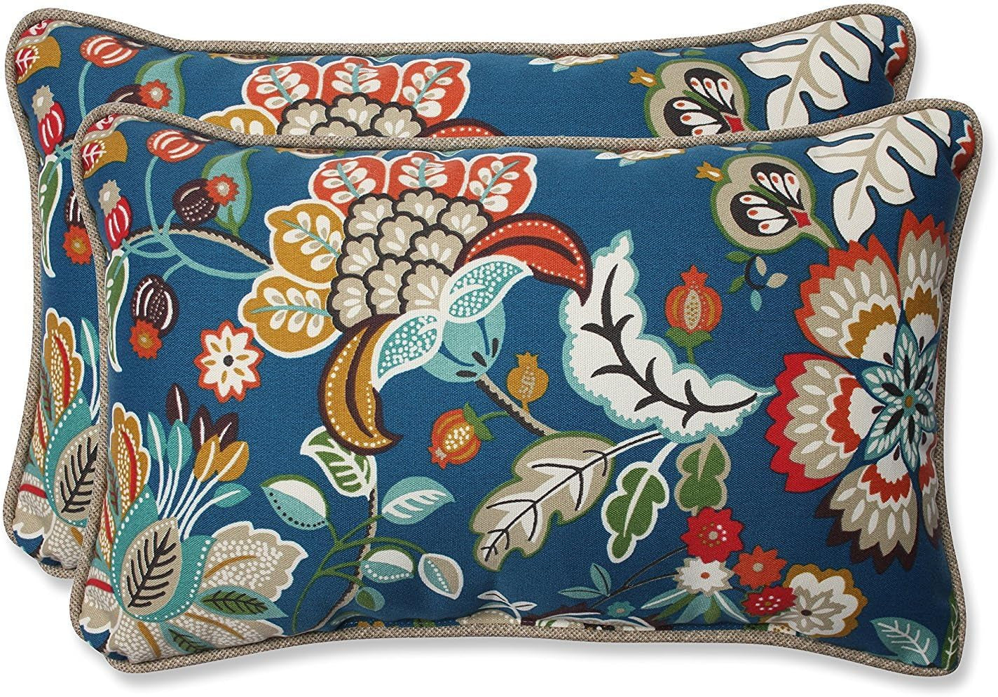Floral Indoor/Outdoor Accent Throw Pillow Plush Fill, Weather, and Fade Resistant, Lumbar - 11.5" X 18.5", Blue/Brown Pom Pom Play 2 Count