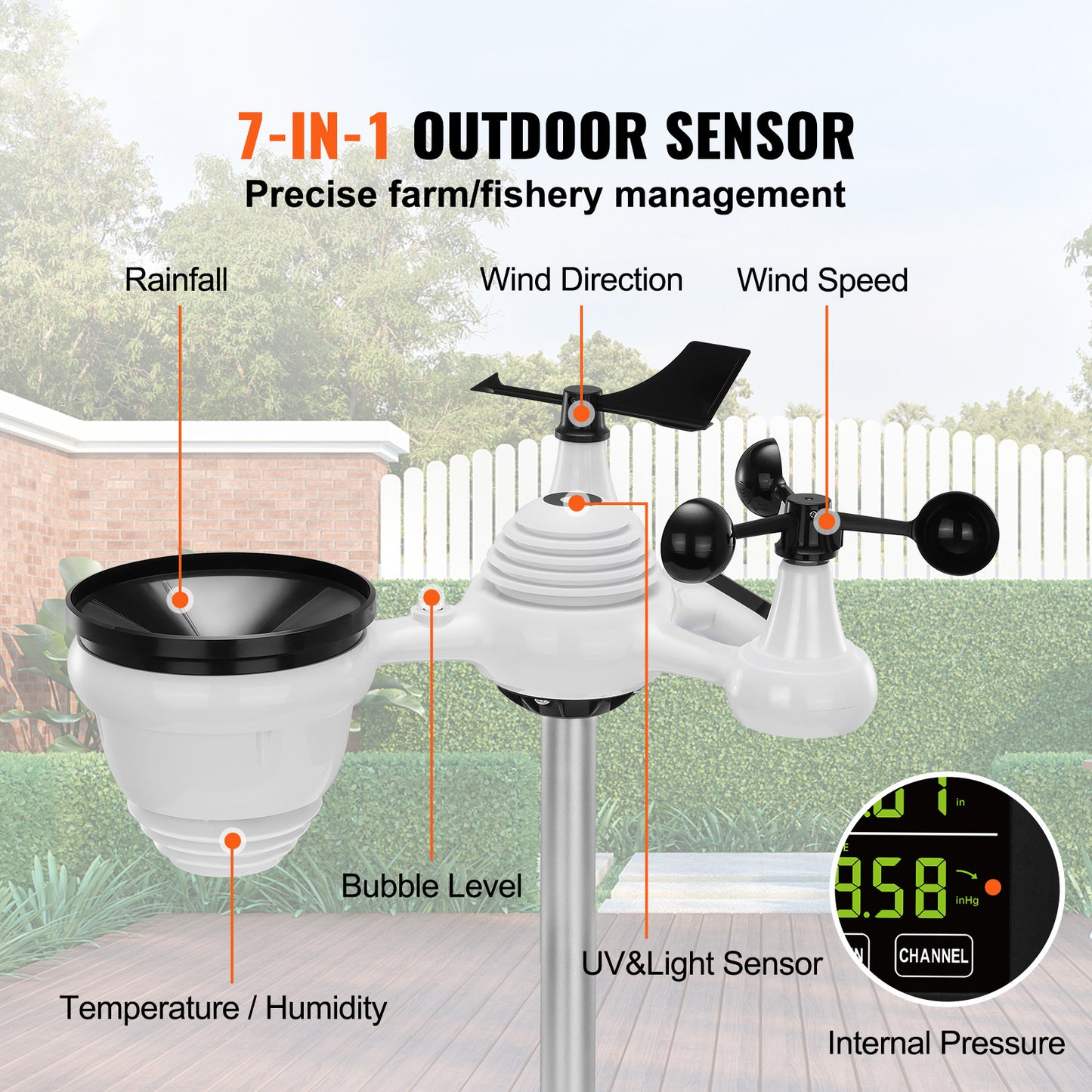 VEVOR 7-in-1 Wireless Weather Station – 7.5" Color Display with Solar Power