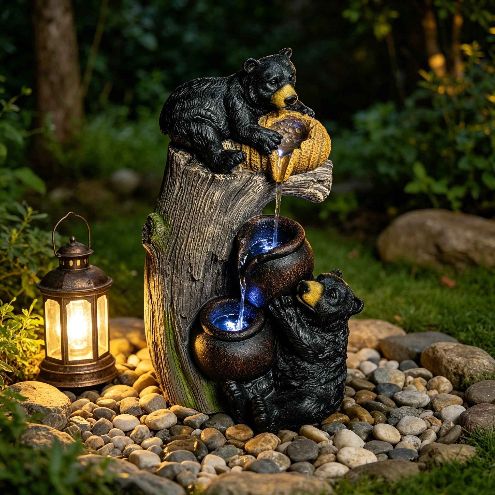 Cascading Bear Water Fountain with LED Lights, 23.6" Resin Outdoor Fountain