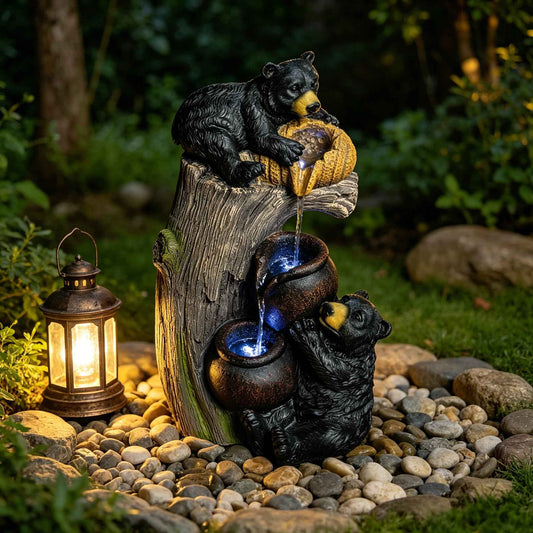Cascading Bear Water Fountain with LED Lights, 23.6" Resin Outdoor Fountain