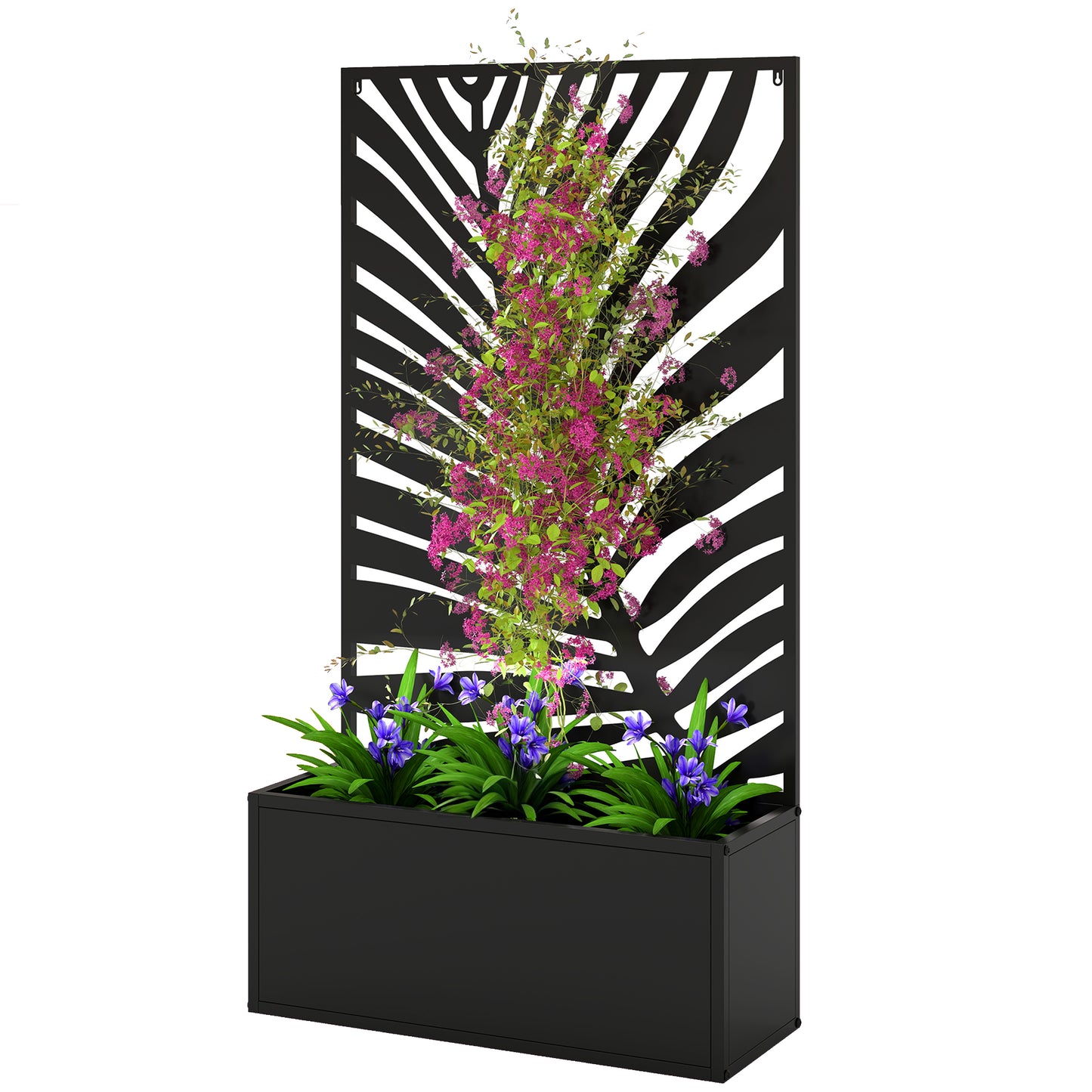Black metal planter with decorative screen and plants on a white background