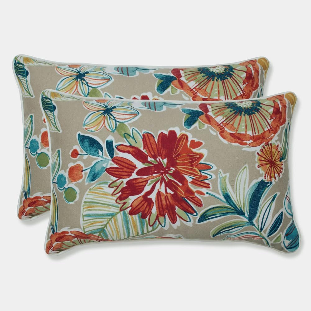 Floral Indoor/Outdoor Accent Throw Pillow Plush Fill, Weather, and Fade Resistant, Lumbar - 11.5" X 18.5", Blue/Brown Pom Pom Play 2 Count
