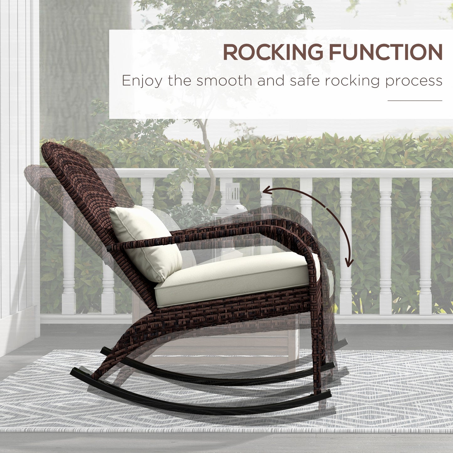 Outdoor Wicker Rocking Chair with High Back Cushion and Pillow, Adirondack Style