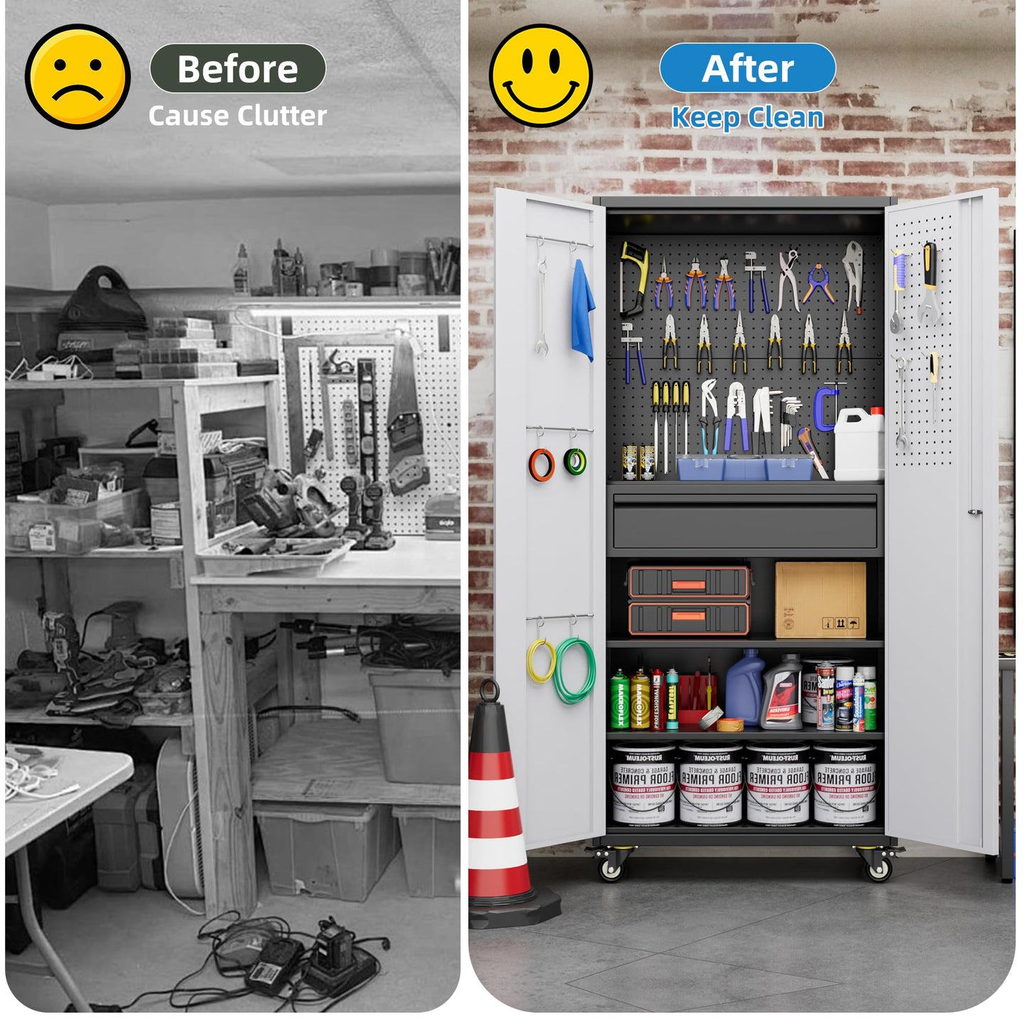 71" Heavy Duty Metal Storage Cabinet with Pegboard & Lockable Drawer