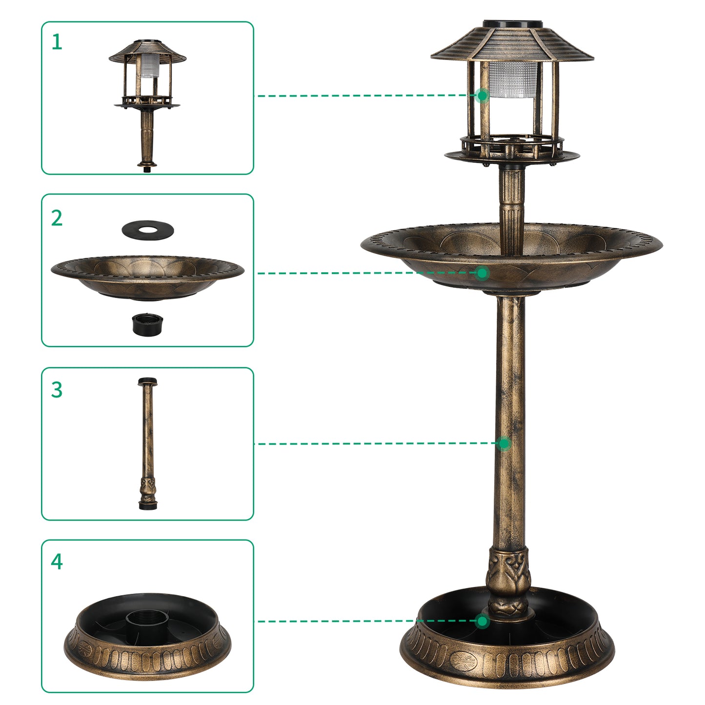 Solar Lighted Bird Bath with Antique Bronze Finish | Weather-Resistant, 42" Tall