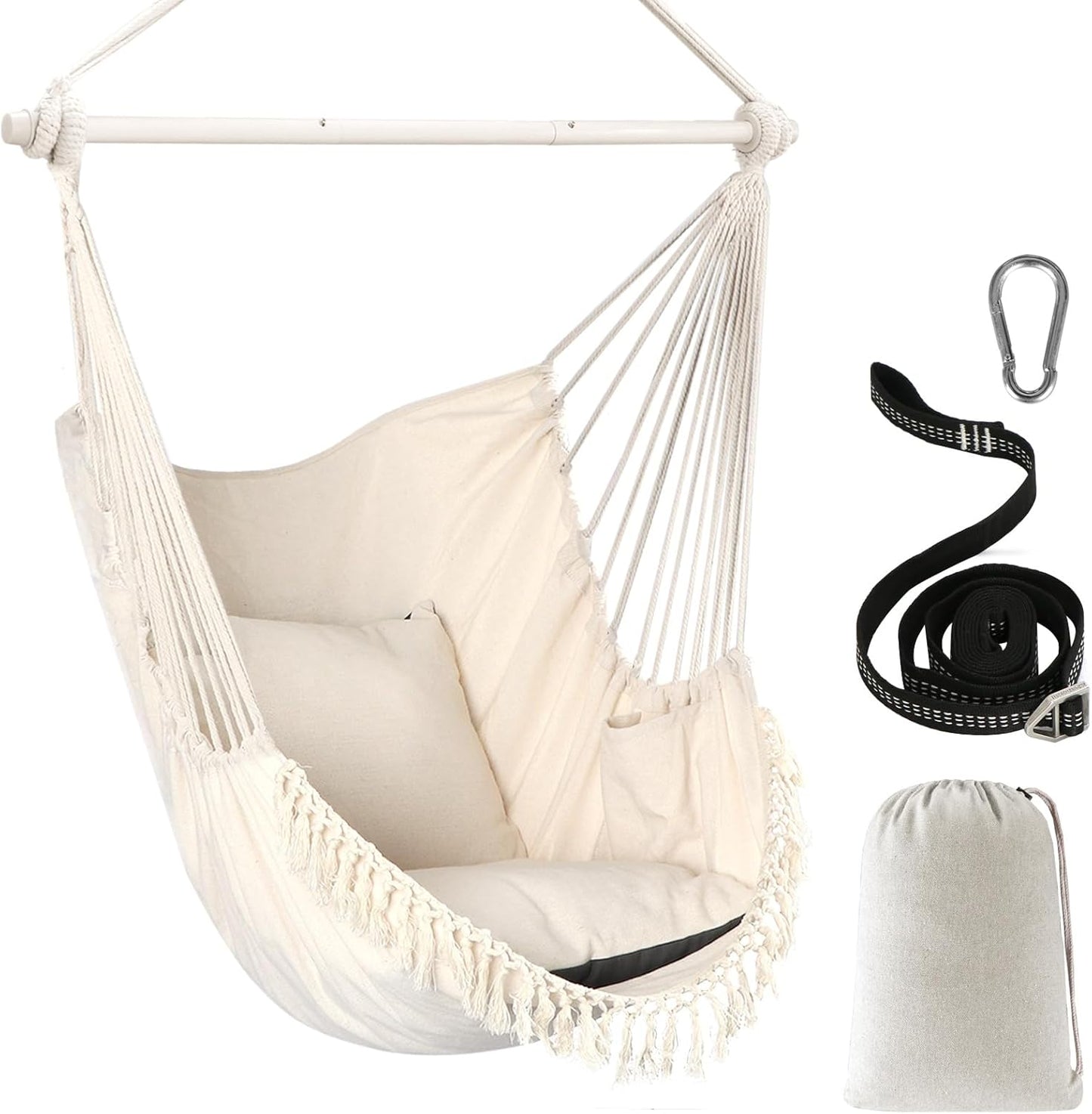 Hammock Chair Hanging Swing Max 500 Lbs 2 Cushions Included Metal Spreader Bar with Anti-Slip Grooves Portable Hanging Chair Side Pocket Large Macrame Bohemian Chair Indoor Outdoor