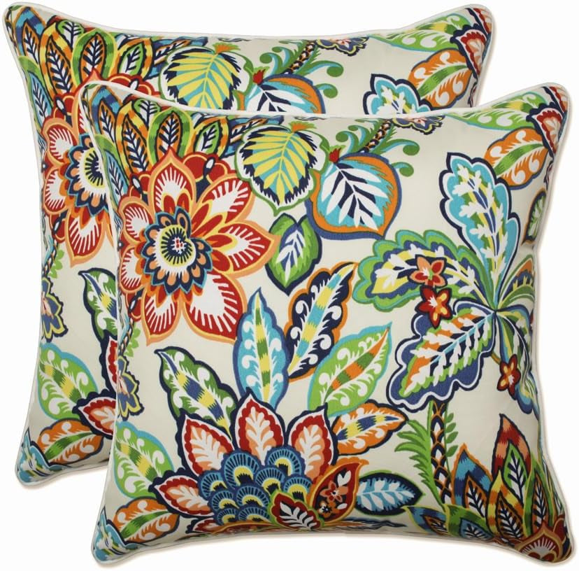 Floral Indoor/Outdoor Accent Throw Pillow Plush Fill, Weather, and Fade Resistant, Lumbar - 11.5" X 18.5", Blue/Brown Pom Pom Play 2 Count